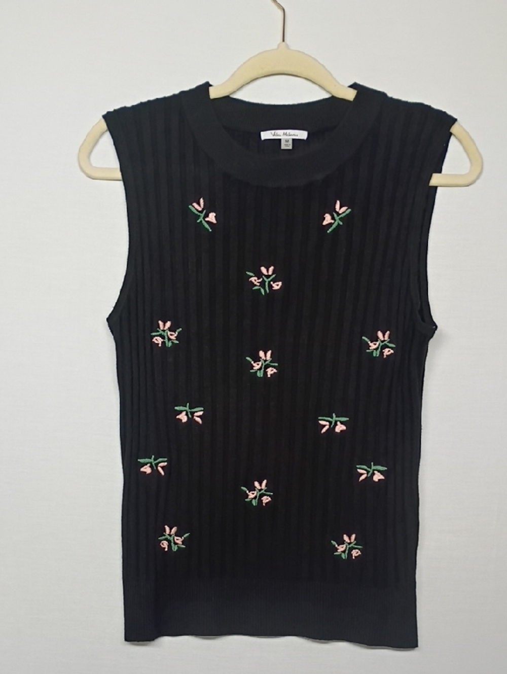 Black Ribbed Sleeveless Tank with Pink & Green Embroidery
